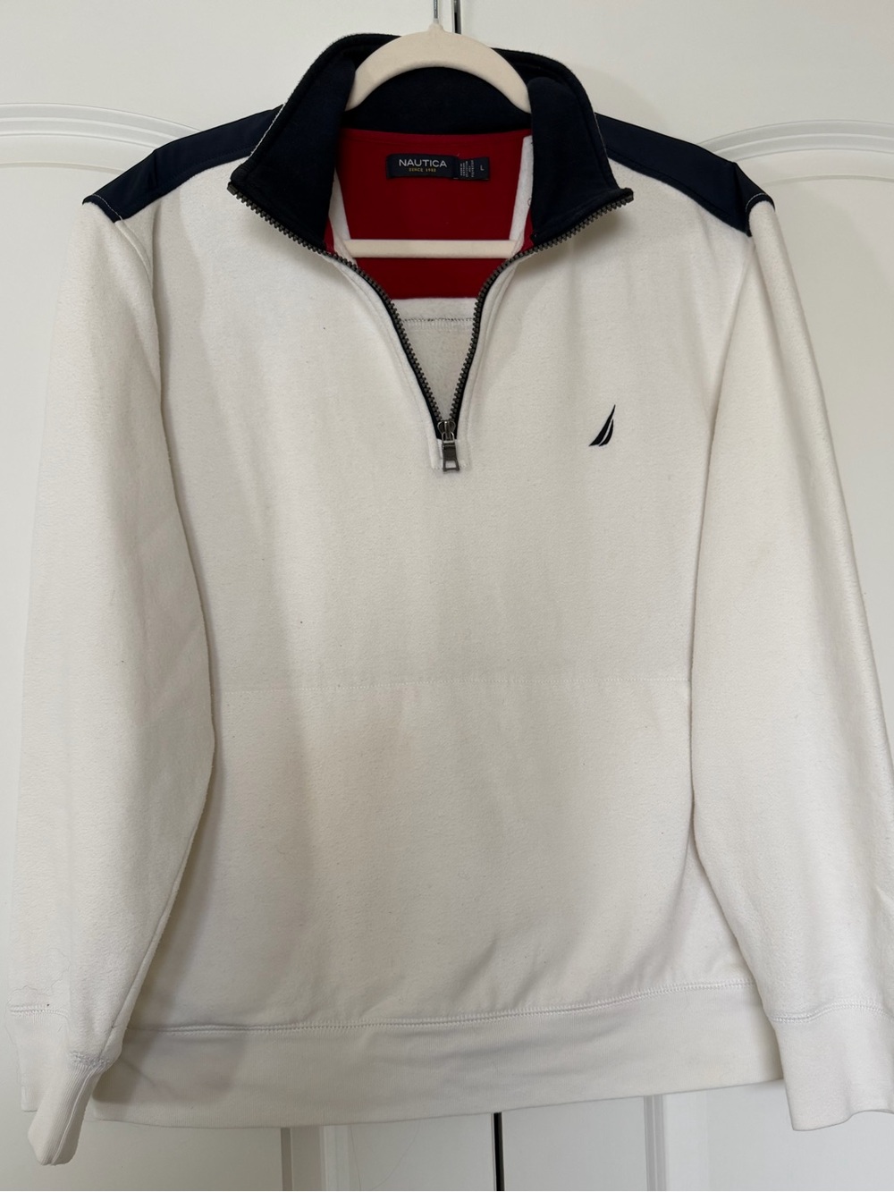 Nautica White Fleece Quarter-Zip Pullover with Navy Shoulder & Sail Logo